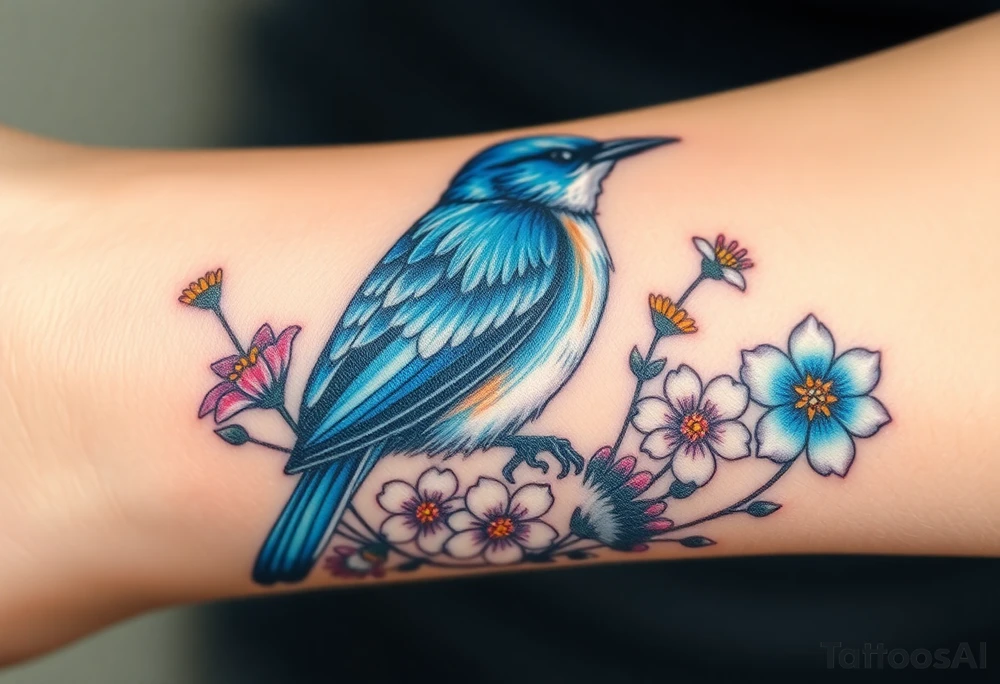 powerful majestic bluebird surrounded by wild flowers tattoo idea