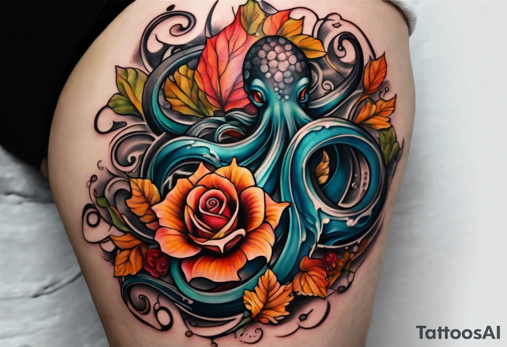 abstract left thigh tattoo with an octopus in water swirls wrapping around rocks, a rose, in fall colors with some small leaves and fall elements tattoo idea