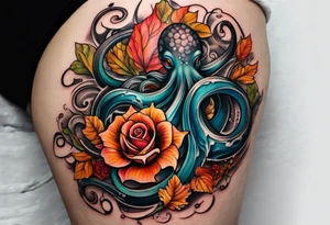 abstract left thigh tattoo with an octopus in water swirls wrapping around rocks, a rose, in fall colors with some small leaves and fall elements tattoo idea