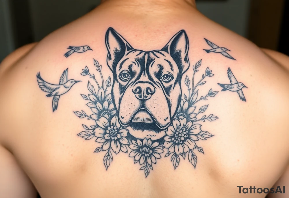 Memorial pit bull, surrounded by floral ornaments and birds tattoo idea