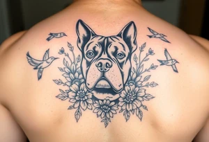 Memorial pit bull, surrounded by floral ornaments and birds tattoo idea