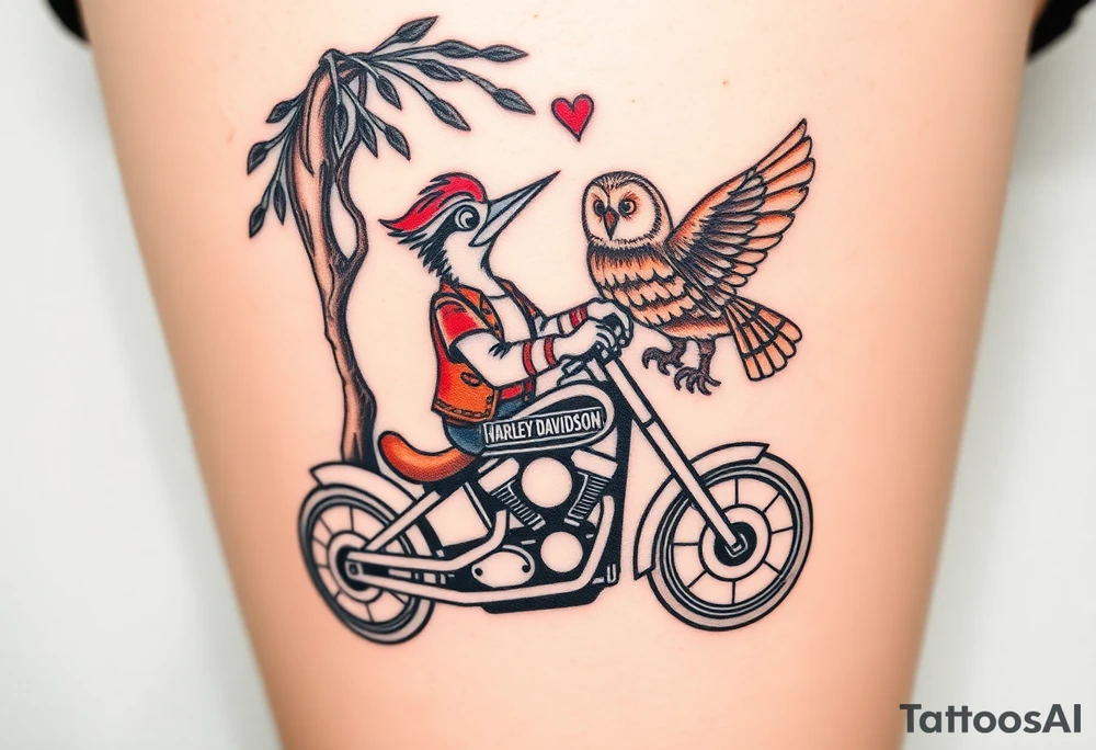 Woody the woodpecker wearing a leather vest that says peckerwoods, on a Harley Davidson under a willow tree, gazing in love at a barn owl tattoo idea