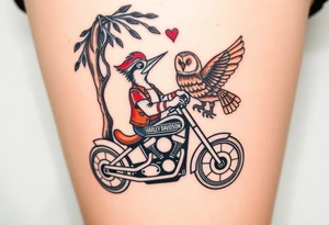 Woody the woodpecker wearing a leather vest that says peckerwoods, on a Harley Davidson under a willow tree, gazing in love at a barn owl tattoo idea