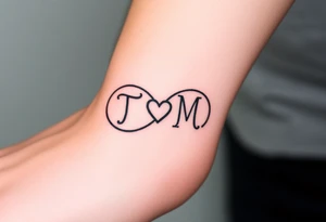 An infinity symbol with two initials T and M on each loop and a tiny heart in the center in black ink tattoo idea