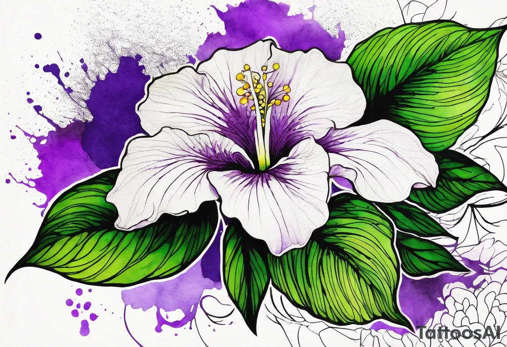 A mystical outline of a rio dipladenia flower and a green/purple watercolor splash in the background tattoo idea