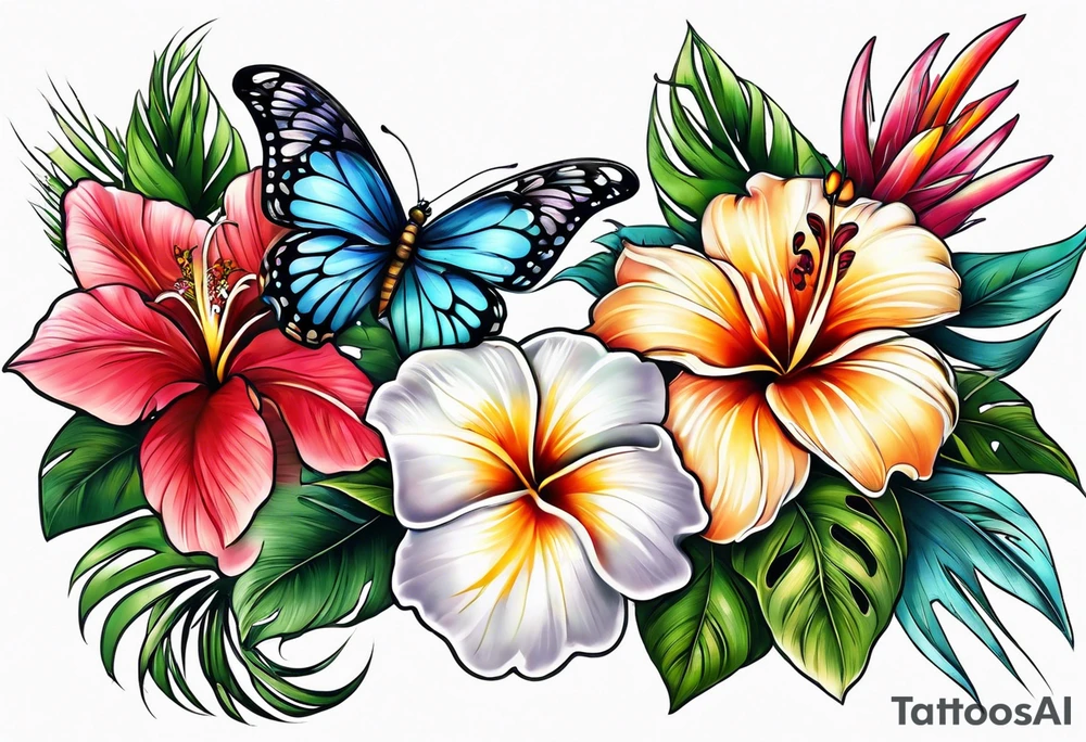 2 hawaiian flowers with a butterfly underneath tattoo idea