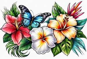2 hawaiian flowers with a butterfly underneath tattoo idea