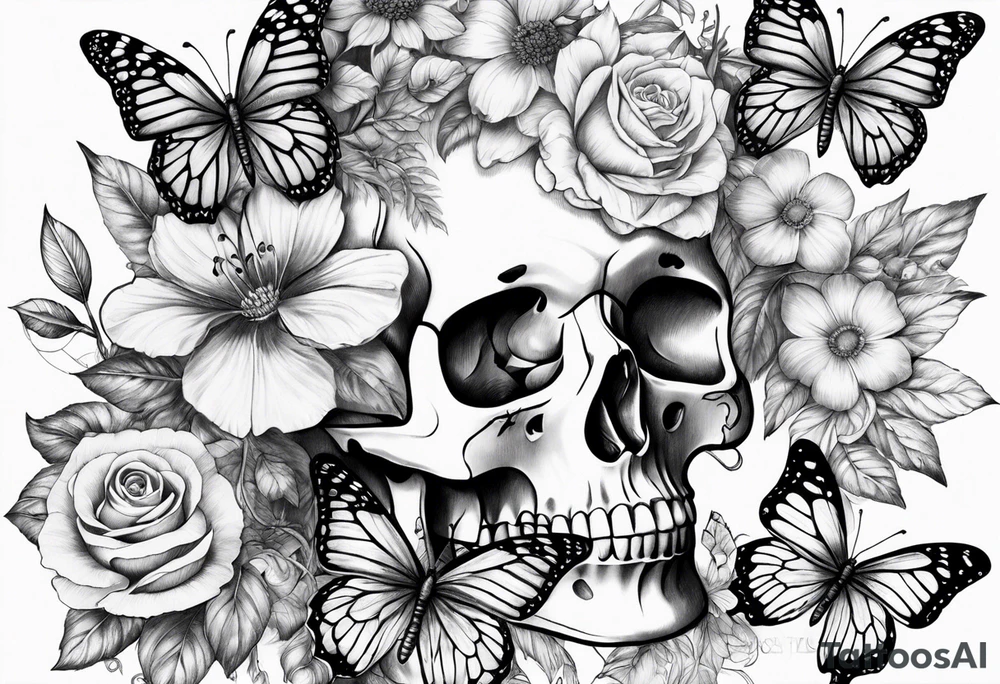 Sexy Skelton  sleeve with butterflies and flowers tattoo idea