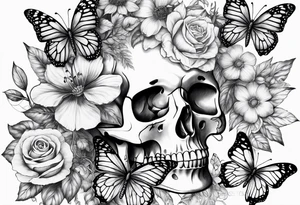 Sexy Skelton  sleeve with butterflies and flowers tattoo idea