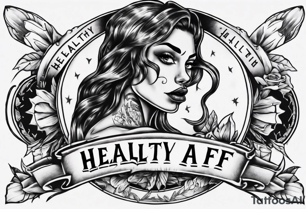 Strong tattooed woman with the words healthy AF in a banner tattoo idea