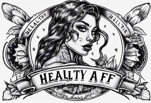 Strong tattooed woman with the words healthy AF in a banner tattoo idea