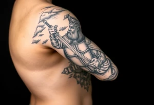 Half sleeve. King Alfred the great, sword, clouds, shield, cross tattoo idea