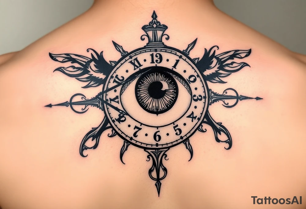 All seeing eye with clock hands and numerals tattoo idea