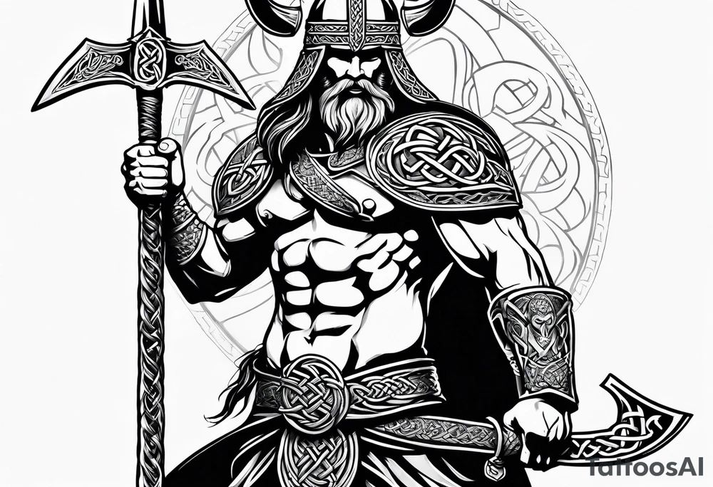 Side full body shot of Celtic warrior with sword and axe. tattoo idea