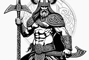 Side full body shot of Celtic warrior with sword and axe. tattoo idea