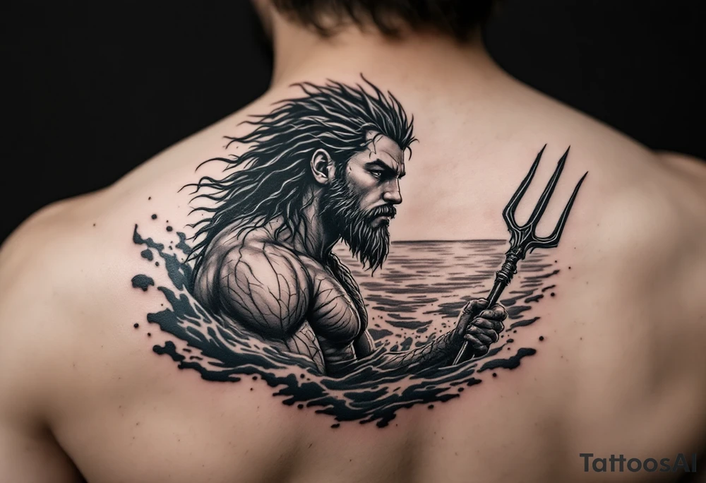 young poseidon, with trident, in water, looking at the horizon tattoo idea