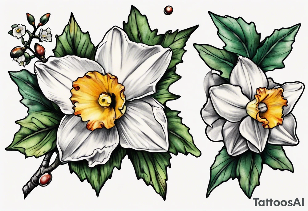 OAKLEE with Narcissus and holly flowers tattoo idea