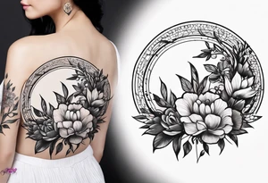 flower tattoo that says “no rain no flowers” and is circular with flowers and leaves trailing from the circle tattoo idea
