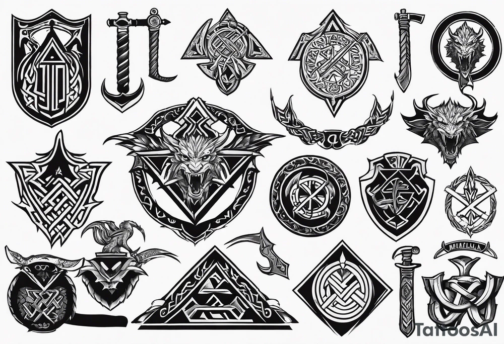Valhalla sword shield dragon axe Valknut tattoo idea