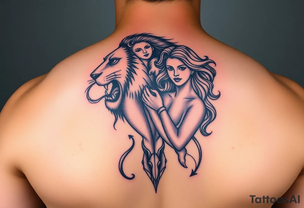 Roaring Leo lion holding virgo woman with wavy hair, add Sagittarius bow and Capricorn goat below these tattoo idea