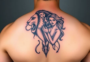 Roaring Leo lion holding virgo woman with wavy hair, add Sagittarius bow and Capricorn goat below these tattoo idea