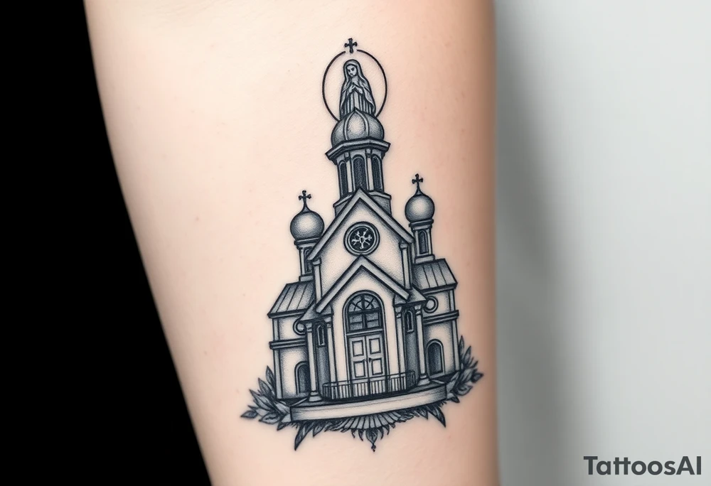 in a dorsal view a detailed orthodox church with a band at the front shrouded with a mist above and fading into a virgin mary overlooking above at the top tattoo idea