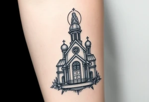 in a dorsal view a detailed orthodox church with a band at the front shrouded with a mist above and fading into a virgin mary overlooking above at the top tattoo idea