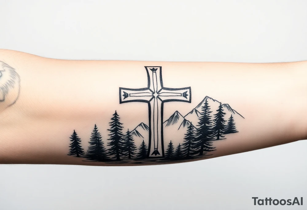 russian christian orthodox cross which is relatively small, with the diagonal line at the bottom with a light forrest with a light mountainous setting tattoo idea