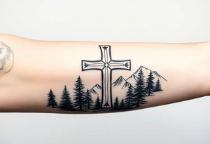russian christian orthodox cross which is relatively small, with the diagonal line at the bottom with a light forrest with a light mountainous setting tattoo idea
