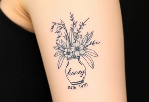 lily of the valley, hawthorn and bird of paradise in a vase that says 'honey' on it with the date may 26 1970 in roman numerals tattoo idea