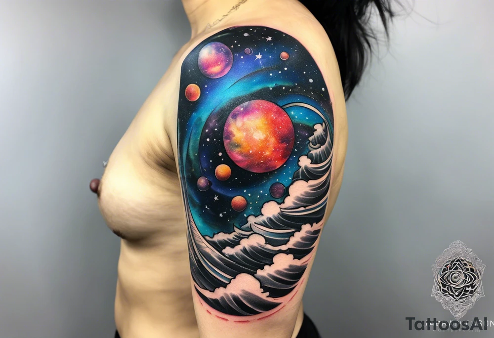 Half sleeve tattoo of a galaxy orbiting. tattoo idea