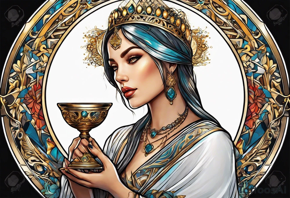 woman holding chalice surrounded by golden halo tattoo idea