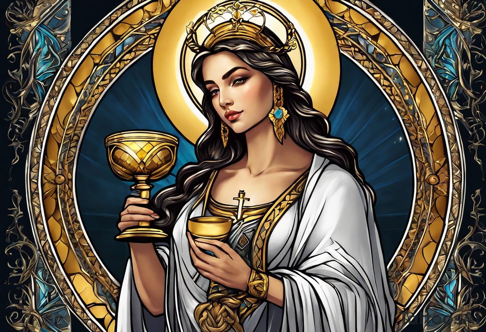 woman saint holding chalice surrounded by golden halo sideways tattoo idea