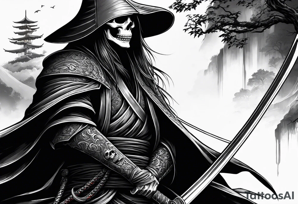 katana with grim reaper and skull tattoo idea