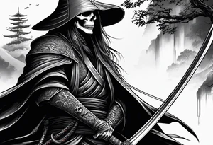 katana with grim reaper and skull tattoo idea