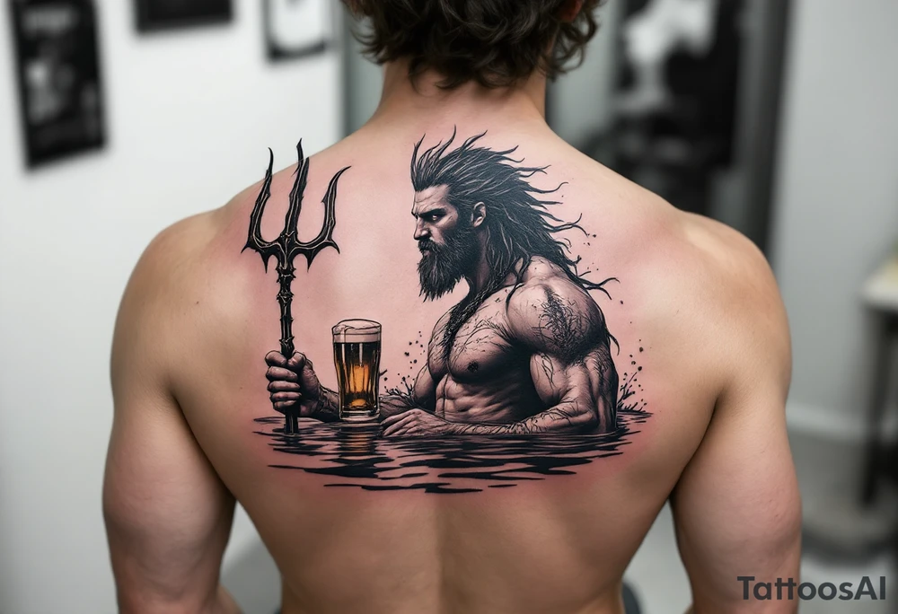 young, fit poseidon in calm water, holding a trident, holding a beer, looking at you tattoo idea