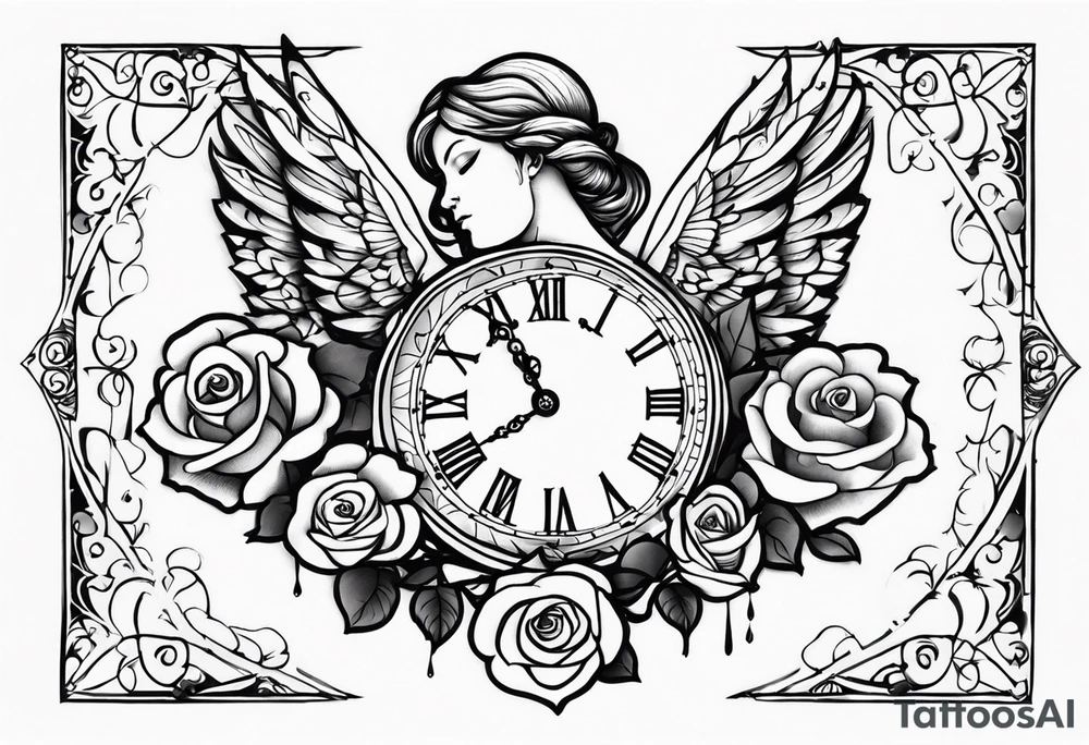 angel, roses, clock, name MARTINA tattoo idea