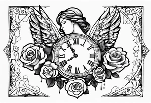 angel, roses, clock, name MARTINA tattoo idea