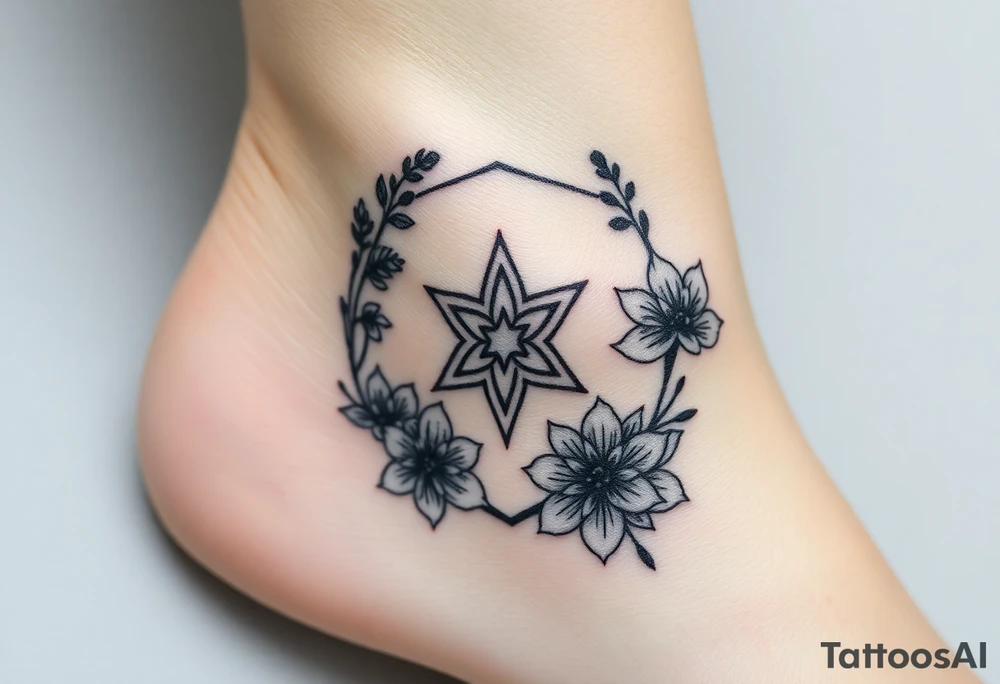 Hexagon Leo symbol larkspurs and water lilies tattoo idea