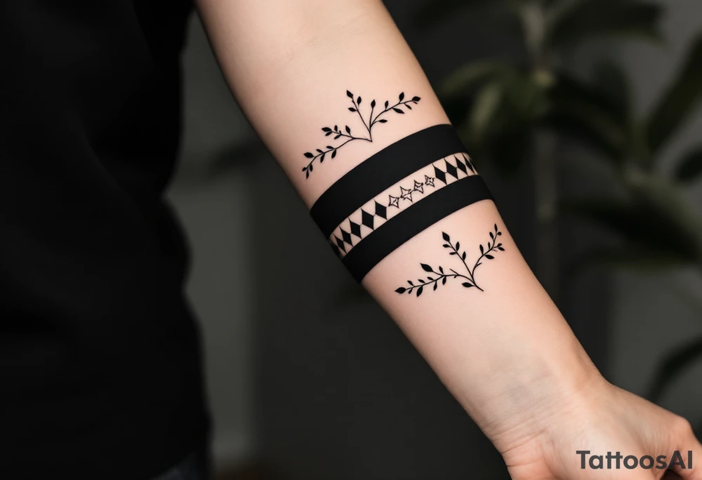 A bold black stripe running along the forearm, featuring geometric cutouts that reveal intricate floral and vine patterns underneath. The contrast between solid black and negative space creates a modern, abstract effect, symbolizing strength and hidden depth. tattoo idea