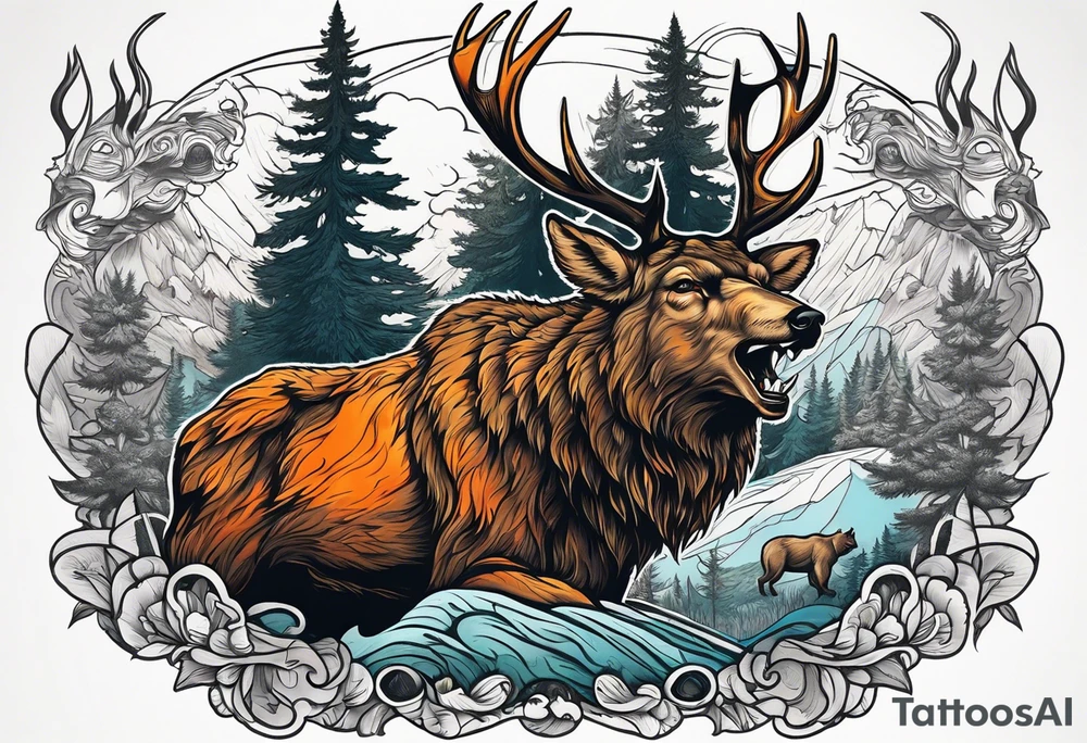 Hunter hunting deer being chased by a bear tattoo idea