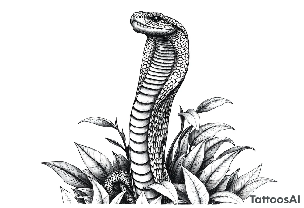 Upright cobra emerging from dense jungle foliage, detailed scales. tattoo idea