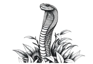 Upright cobra emerging from dense jungle foliage, detailed scales. tattoo idea
