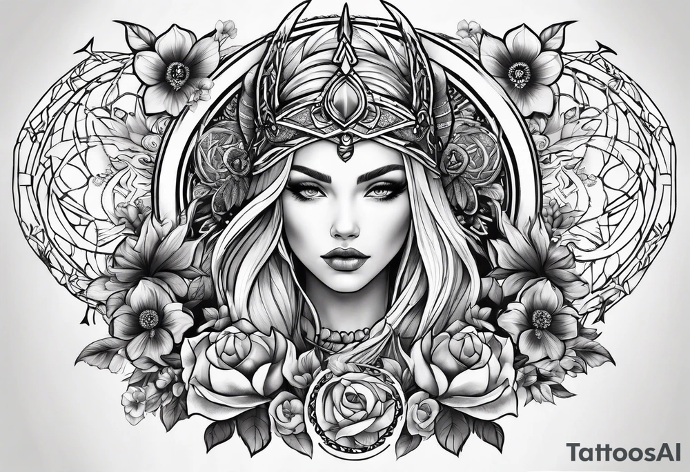 Viking girl, flowers, dream catcher, tattoo idea