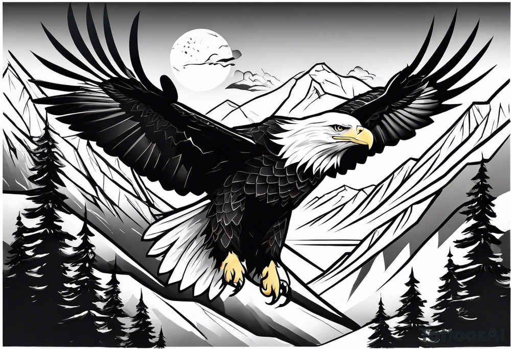 6 mountains in background with bald eagle flying tattoo idea 6 mountains in background with bald eagle flying tattoo idea