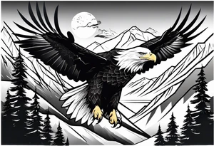 6 mountains in background with bald eagle flying tattoo idea