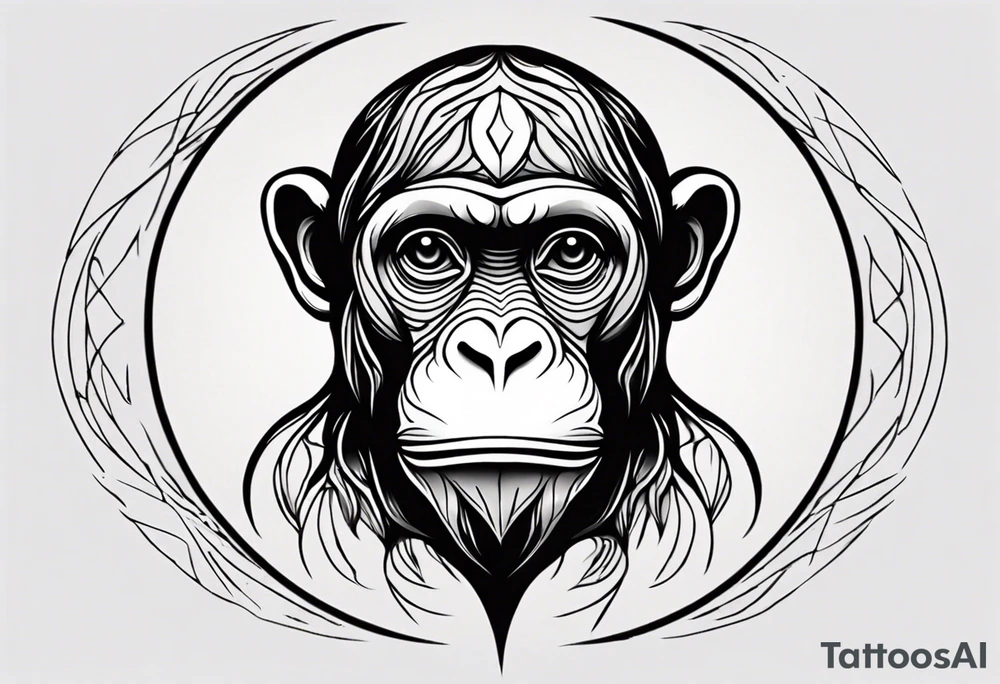 Create an abstract monkey icon on a small disconnected circle where the monkey is just a shape no face tattoo idea