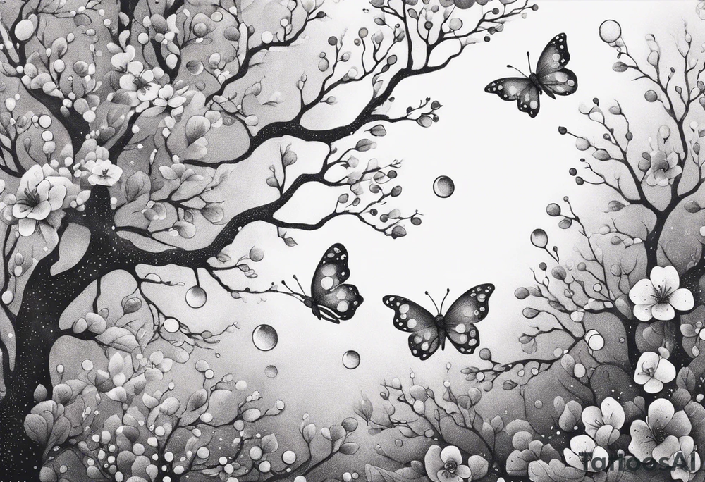 Winding branches and leaves and tiny flowers with a small moth and bubbles tattoo idea