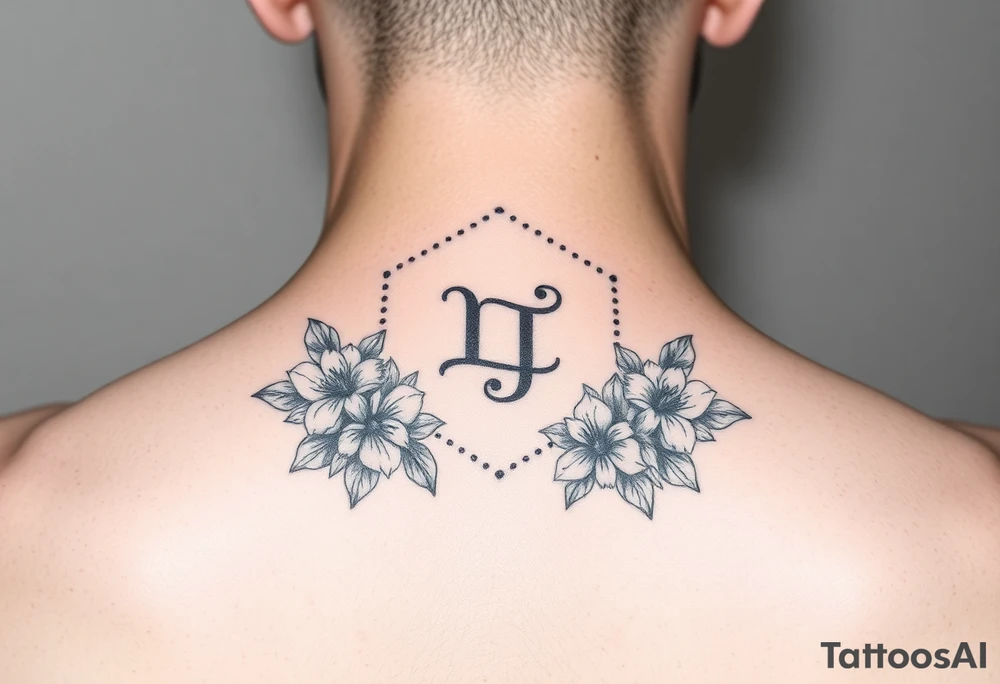 Feminine simple Dotted Line hexagon with Leo astrological symbol surrounded by larkspurs and water lilies tattoo idea