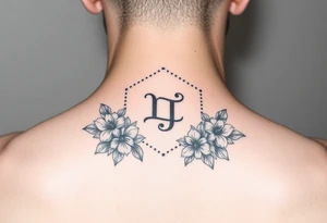 Feminine simple Dotted Line hexagon with Leo astrological symbol surrounded by larkspurs and water lilies tattoo idea